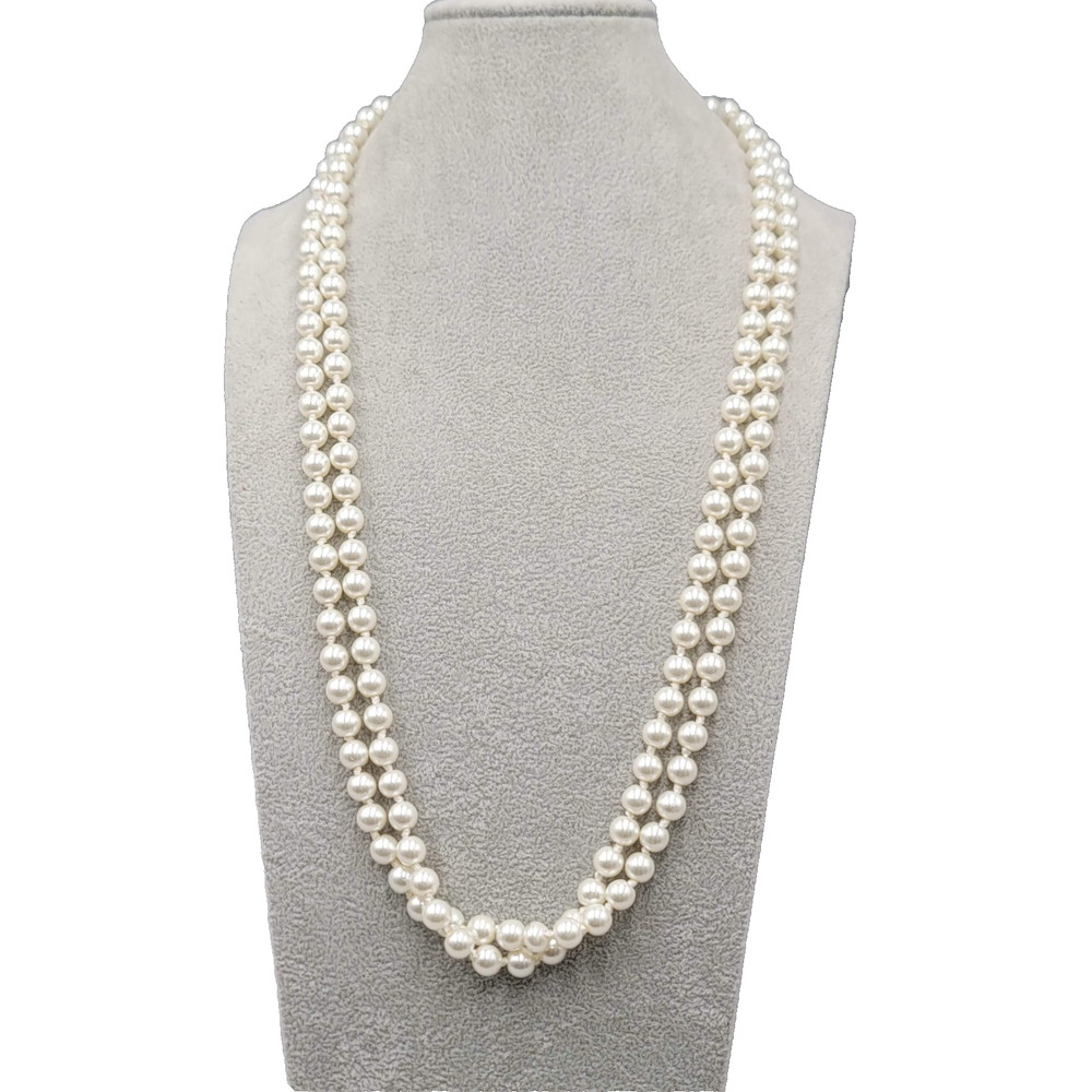 Vintage Satin White Glass Bead Necklace Hand Knotted 2.5mm 56″