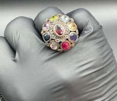 Sterling silver vintage Navaratna princess ring size 9 Thailand multi stone