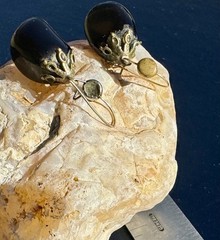 Vintage Eggplant Glass French Jet Style Dangle-Drop Earrings w Ornate Metal Caps