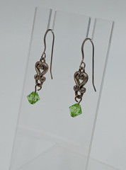 VTG 925 Green Bicone Crystal Earrings 1.25in Drop Sterling Silver Heart Scroll