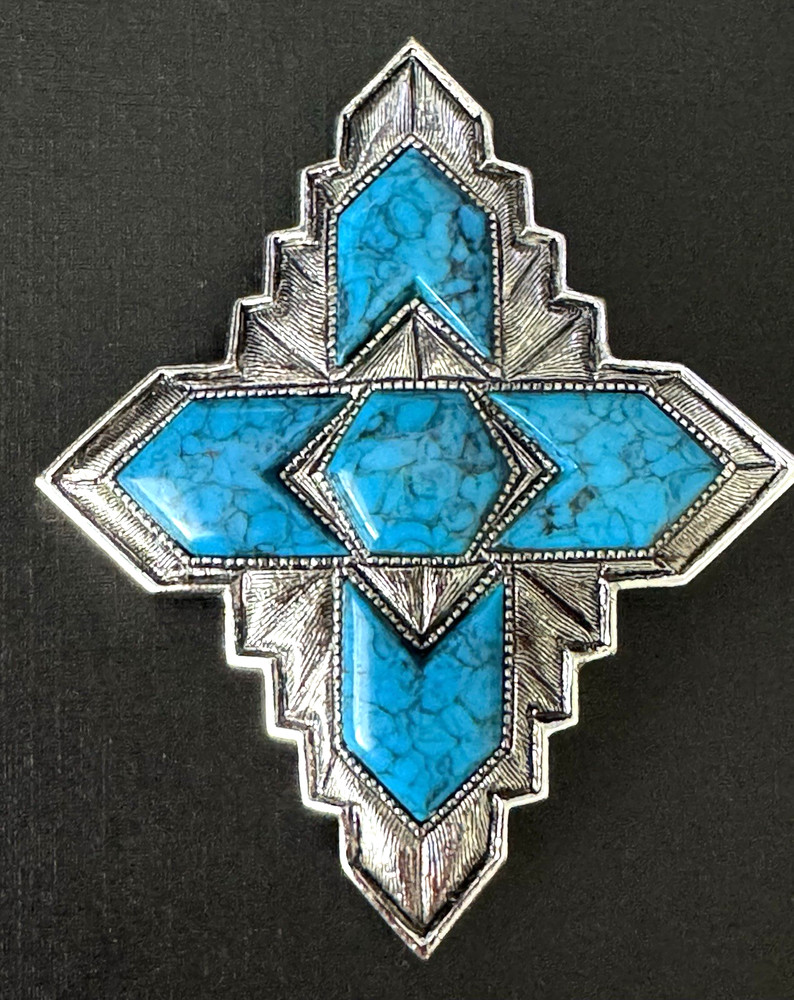 SARAH COVENTRY Signed, Vintage 1974, Faux Turquoise, “Inca” Brooch.