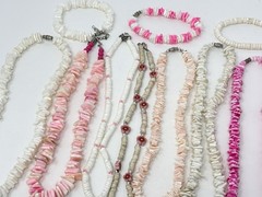 Vintage Y2K 90s Puka Shell Heishi Necklace Lot Pink Surfer Girl Hawaiian Beach