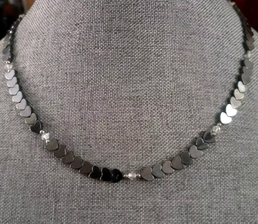 Hematite Heart shaped Bead Necklace with Clear Crystal Station Necklace 18″