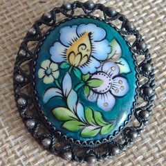 Vintage Soviet Finift Enamel Brooch Hand Painted Floral Oval Pin Filigree Frame