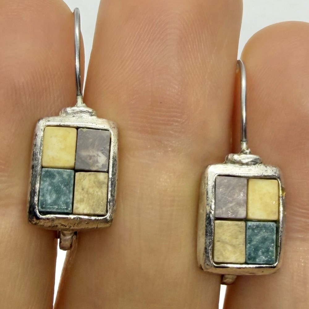 Vtg Boho Mosaic Tile Silvertone Leverback Drop Earrings