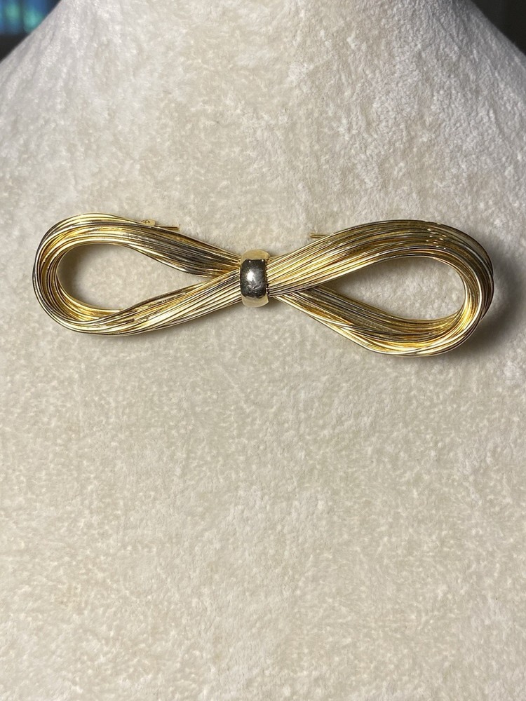 Vintage Gold Tone Multi Wire Ribbon Bow Infinity Mid Century Brooch 3.25in Long