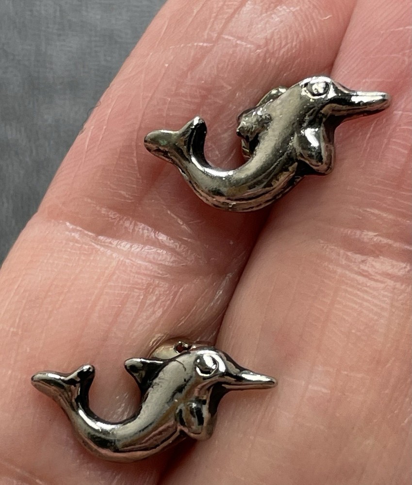 Vintage Dolphin Silver Tone Metal Stud Earrings