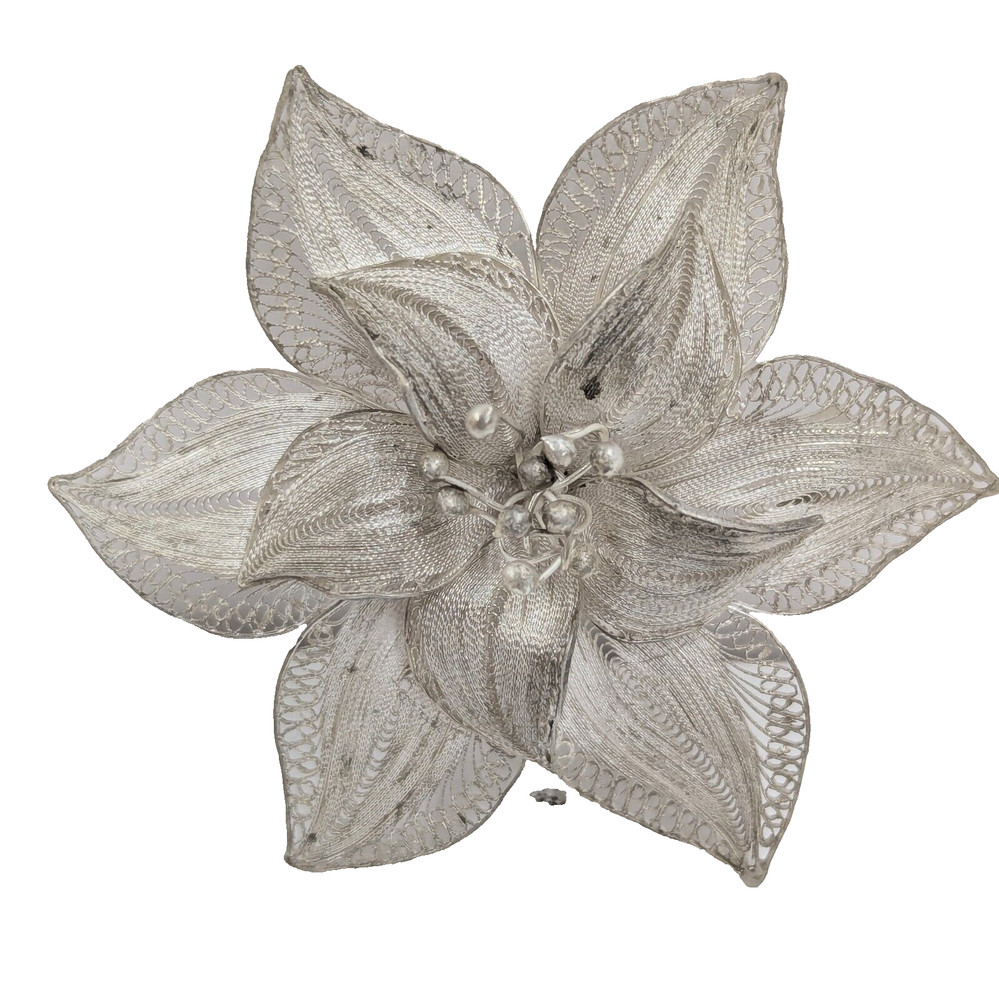 2″ Poinsettia Flower Filigree Brooch Vintage Sterling Silver 800 Scarf Pin