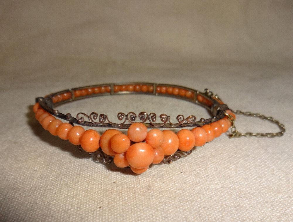 Antique Victorian Mediterranean Coral Sterling Hinged Bracelet Beaded 6.5