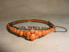 Antique Victorian Mediterranean Coral Sterling Hinged Bracelet Beaded 6.5