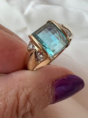 VINTAGE 14K YELLOW GOLD CHECKERBOARD PRISM CUT BLUE TOPAZ DIAMONDS RING DESIGNER