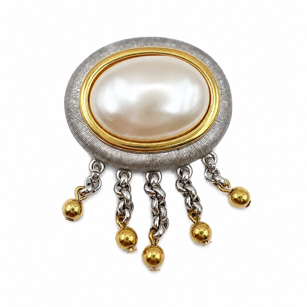 Vintage Monet Mixed Metal Faux Pearl Tassel Brooch Gold Silver Tone Pin