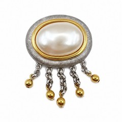Vintage Monet Mixed Metal Faux Pearl Tassel Brooch Gold Silver Tone Pin