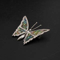 6.2g 925 Sterling Silver Paua Shell Butterfly Brooch Pin 1.75in Mexico Vintage