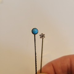 Vtg. Antique Goldplate Stick Pins Turquoise Color Faux Diamond Lapel Hat Pins