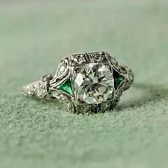 Art Deco Style Round Lab Created Diamond Emerald Wedding Ring 14K White Gold FN