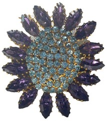 Vintage Blue And Purple Made In Austria Stamped Rhinestone And Gold Tone Brooch