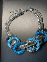 Vintage Graziano Mesh Chain Runway Necklace Estate Jewelry Statement Blue Enamel