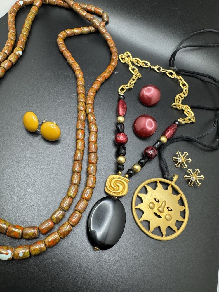 Vintage Boho Jewelry Lot 3 Necklaces 3 Earrings Sun Pendant
