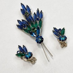 Vtg Juliana Margarita Navettes Blue Green Spray Brooch Pin Clip Earrings (READ)