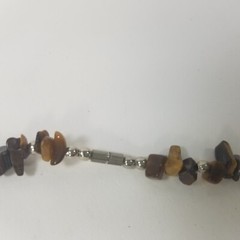 Beaded Necklace Vtg Brown Natural Stone Chips Silver Tone 19.5″