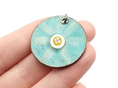 Vintage Colorful Enamel on Copper Double Sided Floral Blue Teal 1970s Pendant