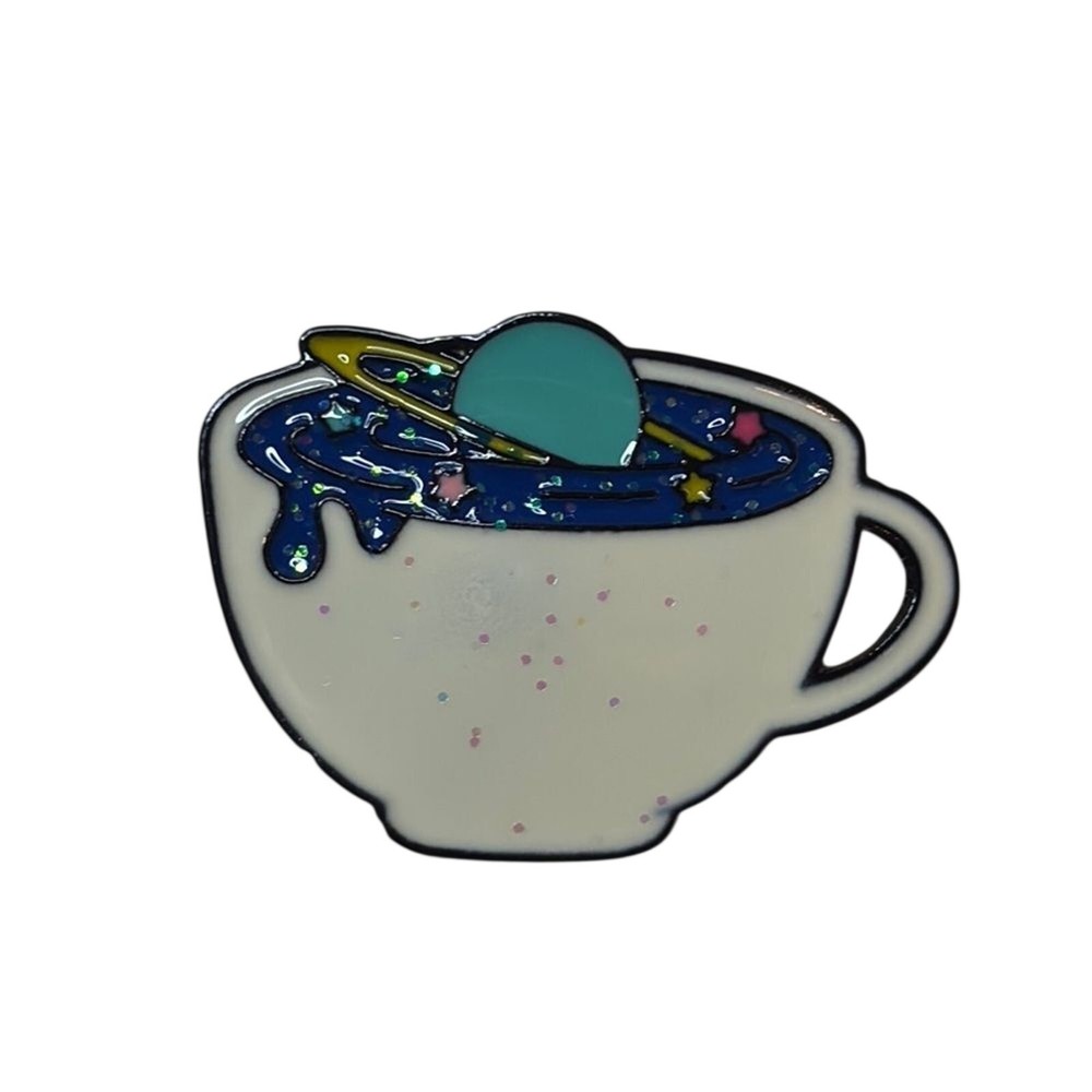 Coffee Cup Planet Pin White Blue Enamel Brooch Galaxy Space Cosmic Cute