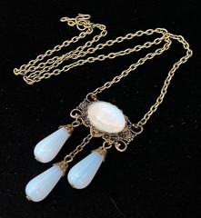 Vintage Necklace Chandelier Etruscan Style Pendant W Antique Opalite Czech Glass