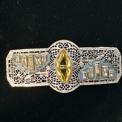 Vintage Rhodium Plated Filigree Gold Marquise Glass Baguette Brooch Art Deco