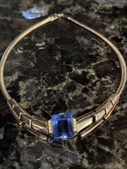 Vntg Art Deco Faceted Peking Blue Glass Open Back Choker Necklace Corocraft? EUC