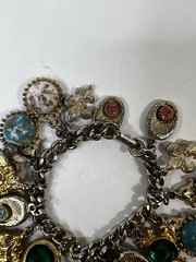 Vtg 1950s 60s Chunky Gold Tone Charm Bracelet French Fleur De Lis Faux Gemstones