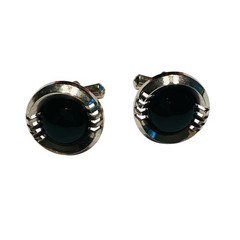 Vintage Mid Century Cufflinks mod silver & dark GREEN stones classic rounds