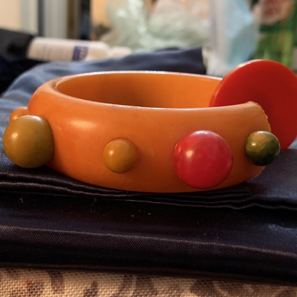 VTG OOAK ONE OF A KIND BAKELITE YELLOW RED DISC BALL GREEN BRACELET AS IS