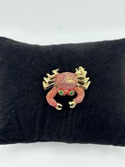 Crab Brooch Enamel w Rhinestone Eyes Articulated Scatter Claws Pin Vintage 1950s
