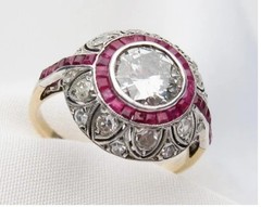 Art Deco Round Lab Created Diamond & Ruby Engagement 14K Yellow Gold Finish Ring