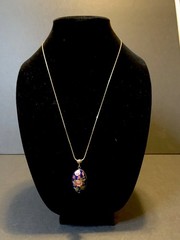 Cloisonné Pendant Floral Design 24 inch Gold Plated Chain Vintage Blue Pink