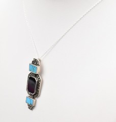 Sterling Silver Art Deco Turquoise Onyx Marcasite Pendant Necklace 18in 6.2g