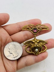 Antique Vintage Art Nouveau Gothic Gargoyle Griffin Crystal Gold Tone Pendant