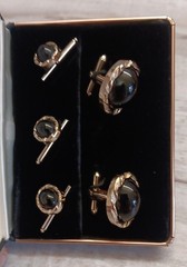 ✅VTG Swank Gold Tone & Black Cabochon Cufflinks Studs Dress Set in Original Box