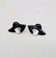 Lady in Hat Acrylic Pierced Earrings Art Deco Black and White Vintage 1 in