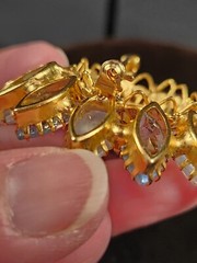 Vintage icy blue and givre navette gold tone filigree 3D flower brooch