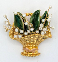 Vintage Lily of the Valley Flower Basket Brooch Faux Pearl Gold Tone Enamel Pin