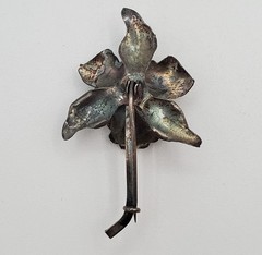 VTG Sterling Silver Orchid Flower Brooch 2in Faux Pearl Center Patina Estate