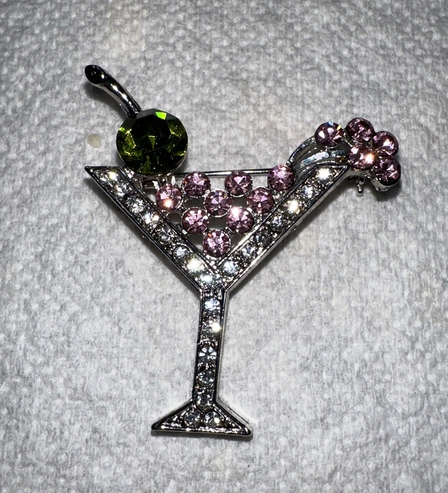 VTG Silver Tone Martini Brooch Green Pink Clear Rhinestones Cocktail Pin 2.0″