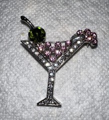 VTG Silver Tone Martini Brooch Green Pink Clear Rhinestones Cocktail Pin 2.0″