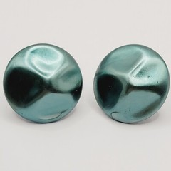 Green Blue Almost Metallic Color Dimpled Puckered Round Vintage Clip On Earrings