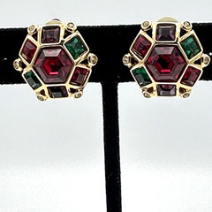 SWAROVSKI vintage earrings – hexagon clip-ons – gold & jewel-tone crystals swan