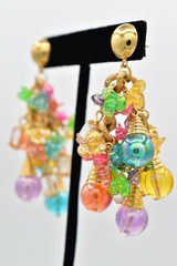 Vintage Ornament Beaded Dangle Earrings Chain Multi-Color Lucite Chunky NOS A28