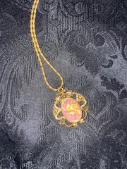 Vintage Faux Pink Opal Dragon Frame Gold Tone Pendant Necklace