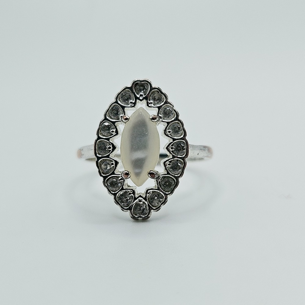 Vintage Moonstone And CZ Marquise Ring In Silver Tone Victorian Style Retro